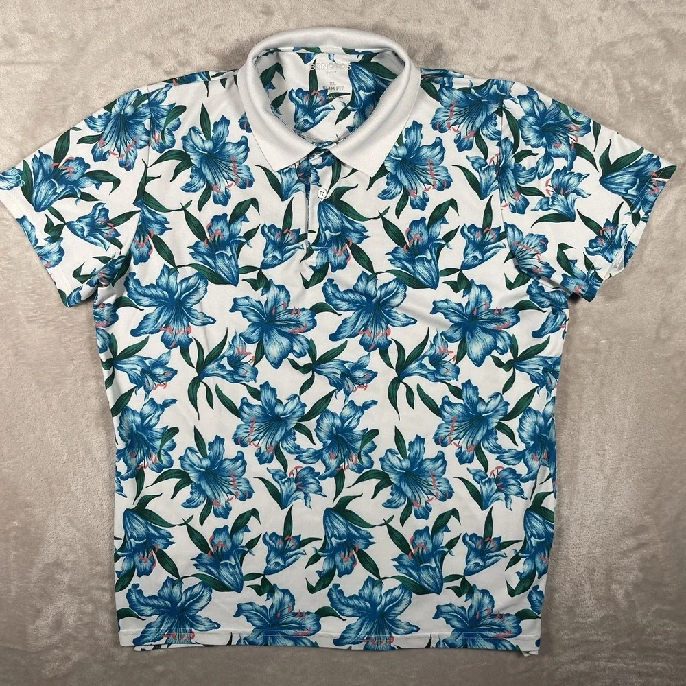 Bonobos Golf Polo Shirt Mens XL Slim Fit Blue Plumeria Floral Performance